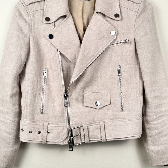 THEORY Women’s Linen Belted Shrunken Motorcycle Jacket - Beige. Size: XS - Picture 1 of 9